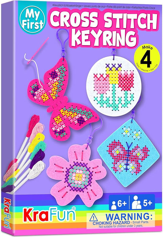 KRAFUN Cross Stitch Kits for Kids Beginners, 4 Cross Stitching Keyrings Arts & Crafts with Butterfly and Flower, Needlepoint Embroidery Kit for Girls 5-13 Craft Kit Backpack Charms, Ornaments