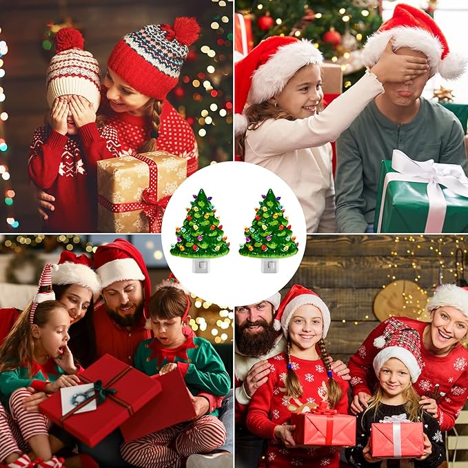 Brightown Ceramic Christmas Tree Night Light - 2 Pack 6" Christmas Decorative Ceramic Tree with ON/Off Switch, Vintage Christmas Night Light for Bedroom Bathroom Porch Holiday Decor