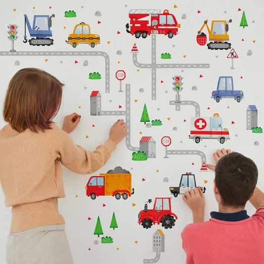 Car Wall Decals by Lipastick - Peel and Stick Transport Road Trucks Stickers for Boys Room, Toddler Bedroom, Baby Nursery, Kids Playroom, Living Room- Removable Decor - M Size