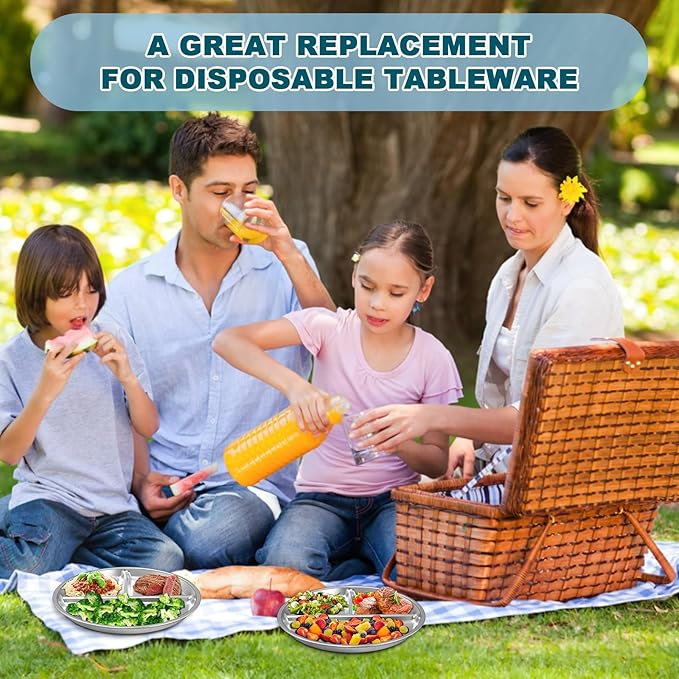 EWFEN Stainless Steel Toddler Plate Set of 6, 9" Portion Control Plates Divided Plate for Adults Kids Balance Lunch, Non Slip | Unbreakable Toddler Baby Feeding Set Dishwasher Safe