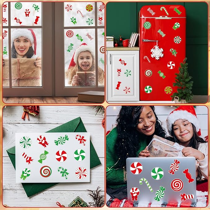 MARFOREVER 50 PCS Candy Cane Gel Window Clings, Reusable Colorful Christmas Candy Thick Gel Clings Decals Stickers for Christmas Gift Xmas Party Supplies Window Glass Decoration Supplies
