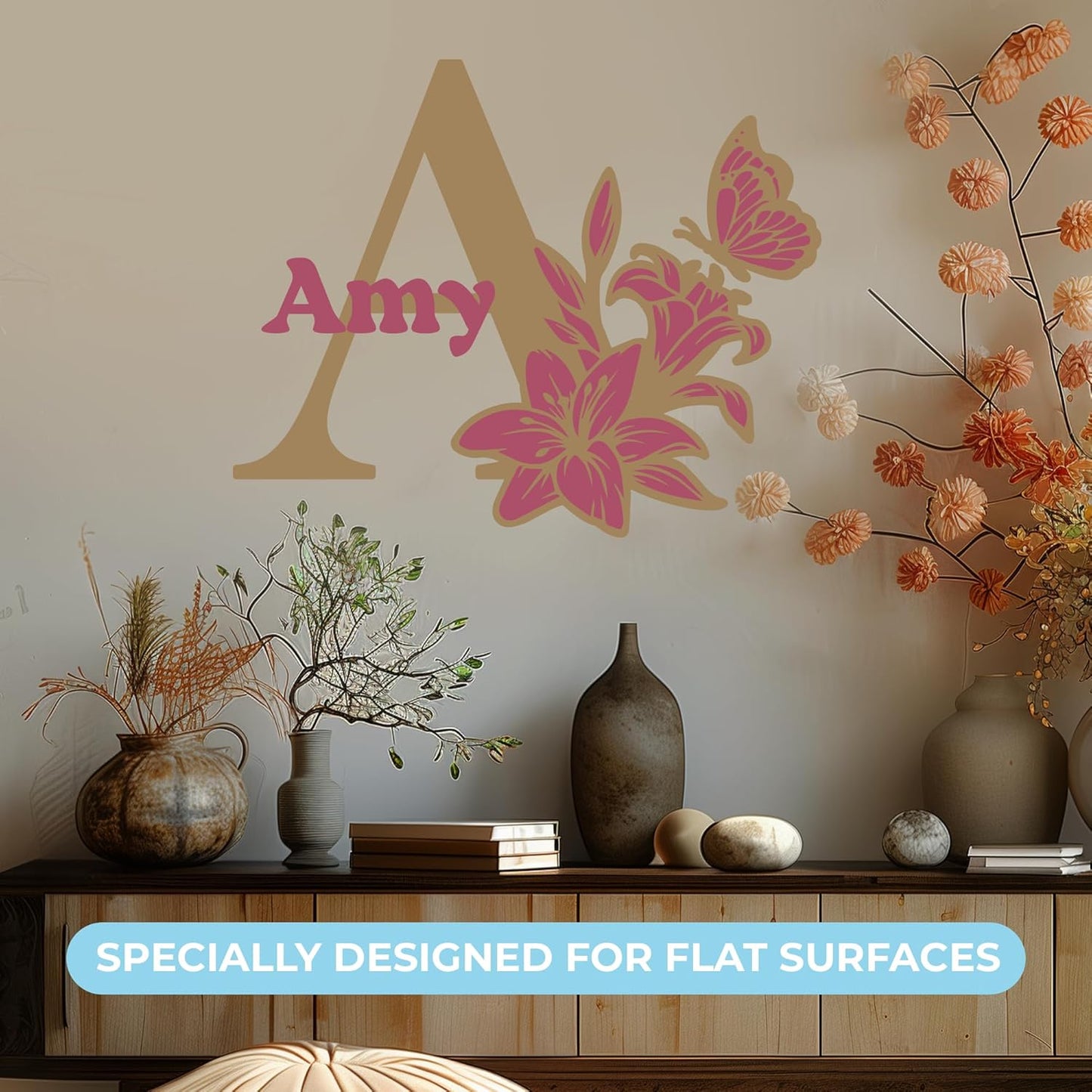 CRYPTONITE Custom Name & Initial with Lily and Butterfly I Flower Wall Decals for Bedroom Decor | Custom Decal for Girl Bedroom Decor I Pink Room Decor for Little Girl Room Decor (B. Flower)