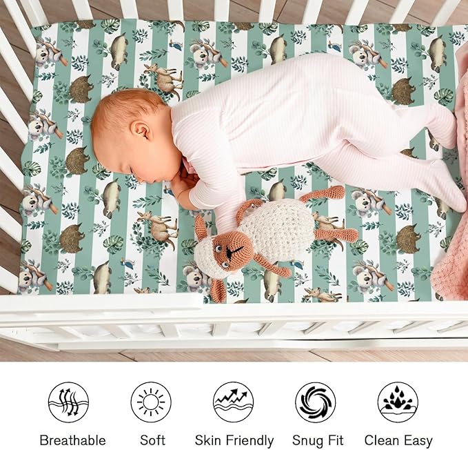 Baby Australian Animals Fitted Baby Crib Sheet for Boy Girl 52"x28" Cute Koala Green Tropical Leaves Crib Mattress Cover Baby Animals Stripes Soft Baby Sheet for Standard Crib & Toddler Bed Mattress