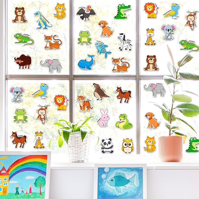 Whaline 2 Sheets Animal Alphabet Thick Gel Clings Cute Cartoon 26 A-Z Letters Animal Reusable Window Decals for Educational Spelling Learning Home Classroom Nursery Decor