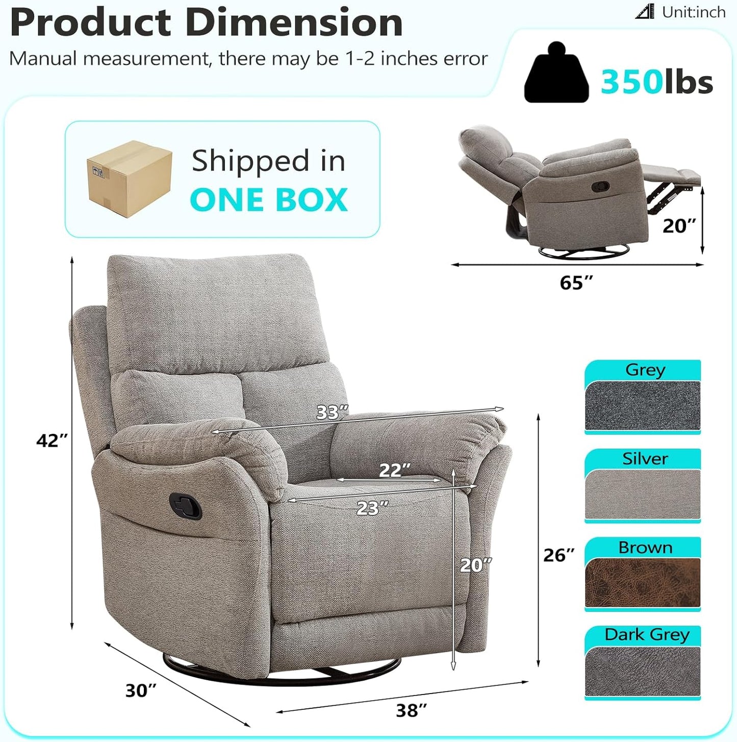 ANJ Swivel Rocker Recliner Chair, Manual Fabric Glider Nursery Recliner Chair, Single Rocking Modern Sofa Home Theater Seating for Living Room, Nursery (Silver)