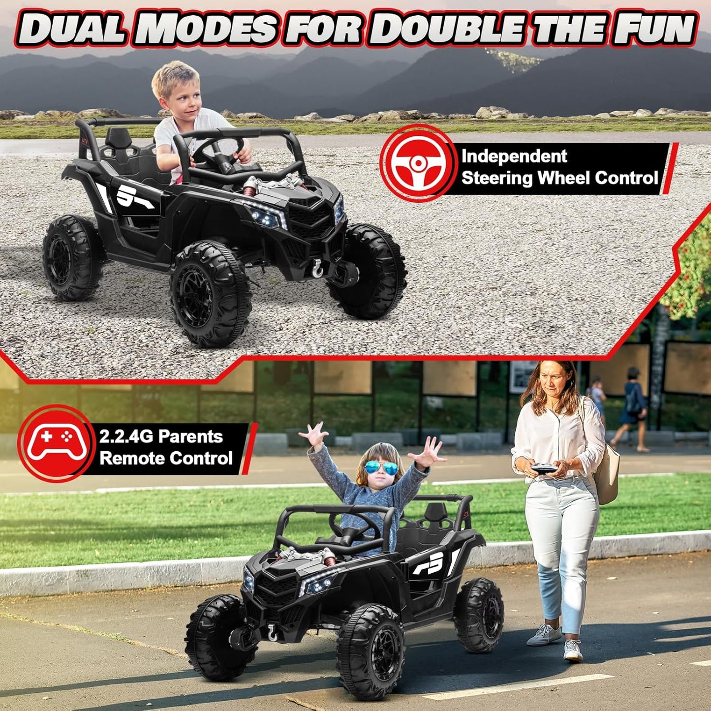 Electric Car for Kids, JOYRACER 24V Ride on Car Battery Powered Off-Road UTV w/Remote Control, 3 Speeds, 4x150W Powerful Motors, 18" Seat, Bluetooth, MP3, Electric Vehicles with Big Pull Bow