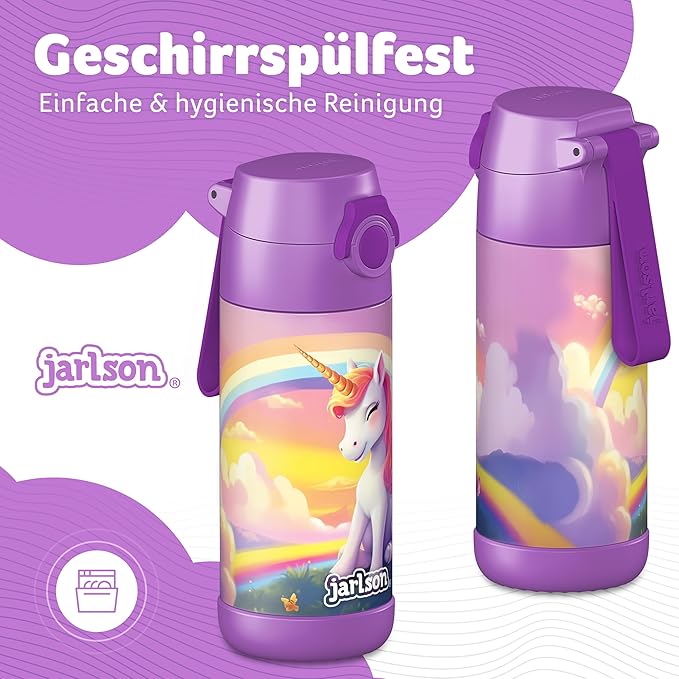 Jarlson® Mali Children's Water Bottle, Thermal Stainless Steel Water Bottle, BPA-Free, Leak-Proof, Children's Bottle with Chug Lid, Bottle for School, Nursery (Unicorn Purple, 12 oz)