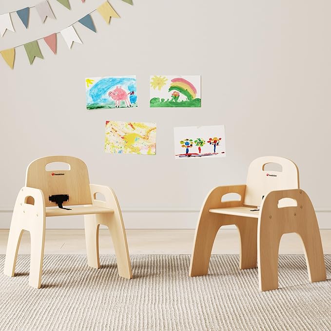 Foundations Simple Sitter 13” Low Wood Feeding Chairs, Wide No-Tip Base, Adjustable Safety Harness, Stackable Wood Toddler Chairs with Food Service Grade Finish, 2 Pack