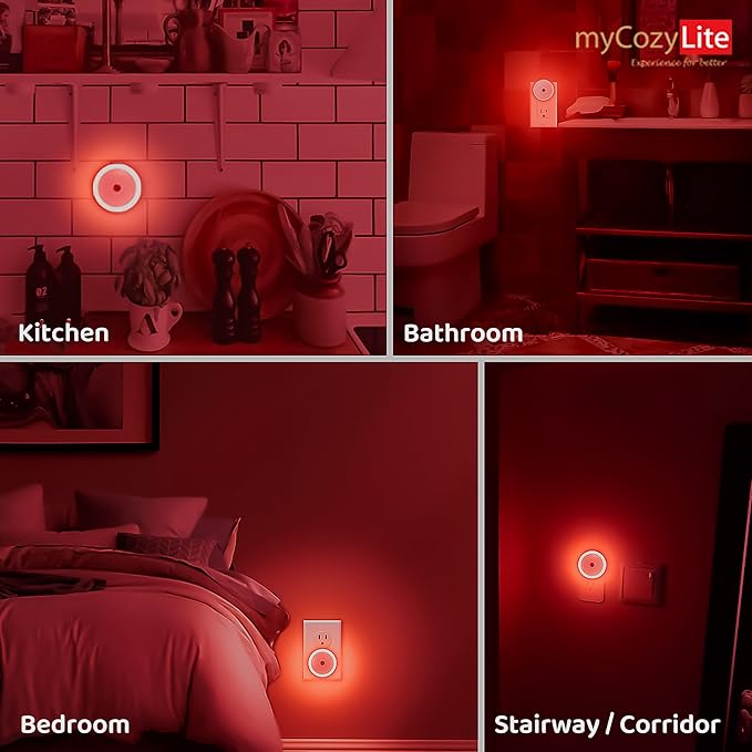 myCozyLite Red Light Night Light, Night Lights Plug into Wall 2 Pack, Dusk to Dawn Sensor, Light for Sleep, Red Nightlight for Bedroom, Bathroom, Kids Room, Nursery, Kitchen, Hallway, Stairway, Round