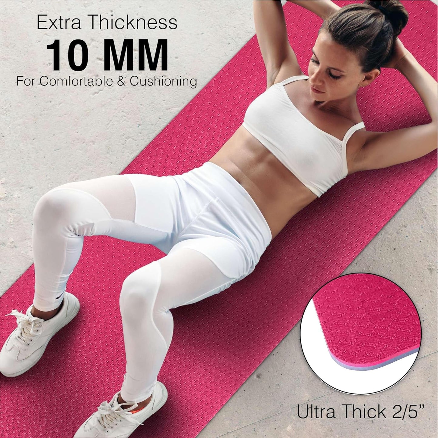 Extra Thick Exercise Yoga Mat with Strap - 2/5 Inch (10MM), Non-Slip Workout Mat for Yoga, Pilates, and Floor Exercises