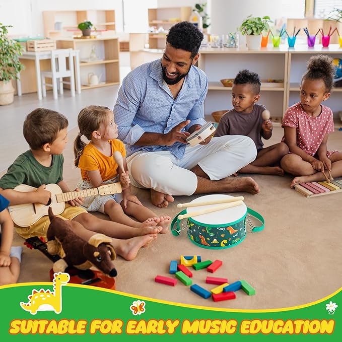 Boao 1 PC Kids Drum Set, 8 Inch Toddler Drum Wooden Toy with Adjustable Strap and 2 Drumsticks, Educational Sensory Musical Instrument for Toddlers Kid Baby Boys Girls Gift(Dinosaur)