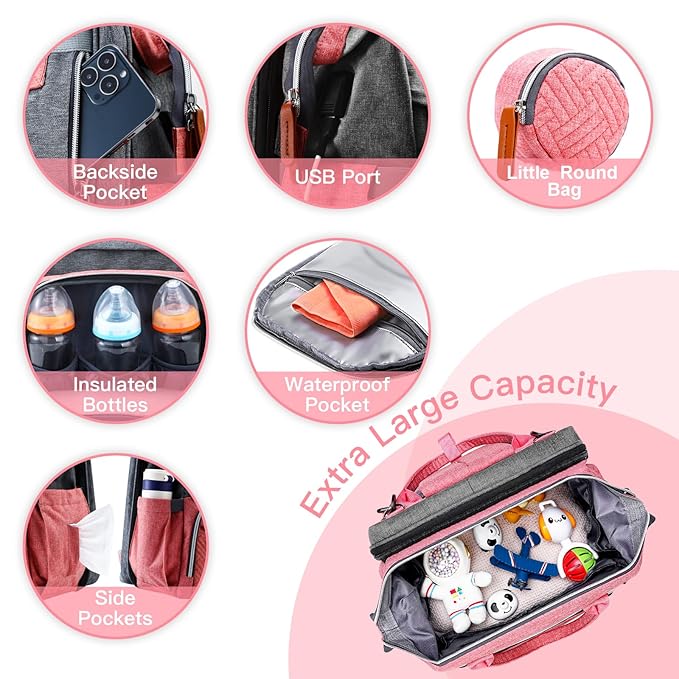 Diaper Bag Backpack with Changing Station, Large Diaper Bag, Baby Bag, Multifunctional Diaper Bag, Pinkgray