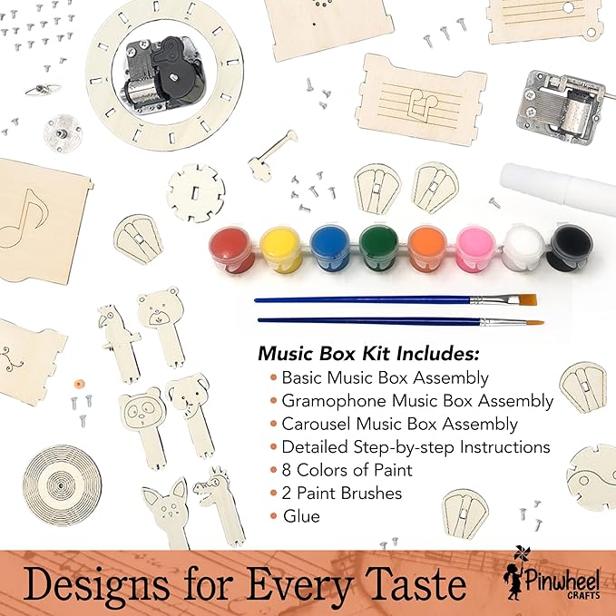 Pinwheel Crafts DIY Wooden Music Box Kit for Kids Age 5+ - Make Your Own Music Box Kit with Carousel, Gramophone and Paints - 3-in-1 Wood STEM Set Gift for Boys and Girls