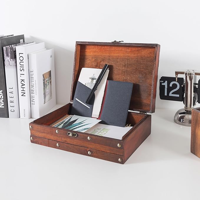 Soul & Lane Vintage Wooden Treasure Chest - Elegant Decorative Storage & Keepsake Box with Antique Hardware, Wood Box Trunk for Photos, Mementos, Office Supplies