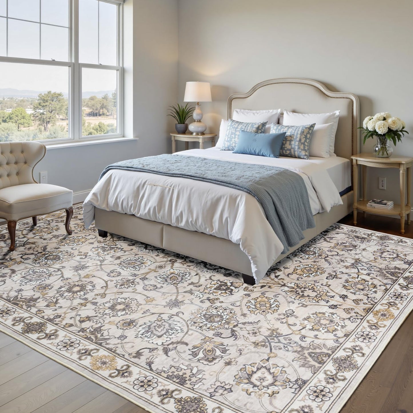 Floral 8x10 Area Rugs for Living Room, Washable Large Bedroom Rug, Soft Non Slip Carpet, Stain Resistant Low Pile Carpets for Indoor Under Table Dining Home Office Nursery, Beige