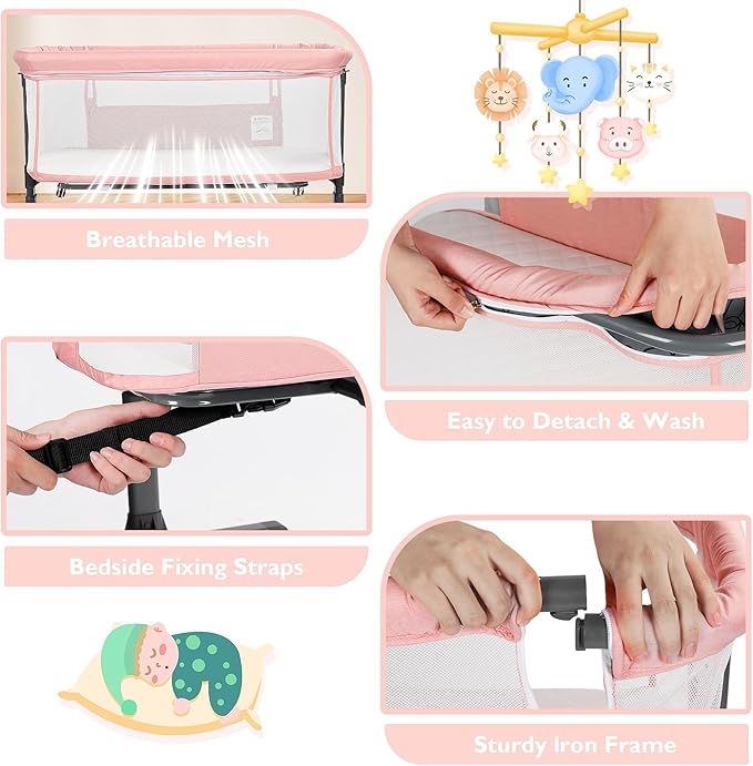 Baby Bassinet Bedside Sleeper, 2 in 1 Folding Portable Newborn Bedside Sleeper, All-Sided Mesh Infant Travel Crib for Toddlers, 6 Adjustable Height, with 4 Wheels, Grey