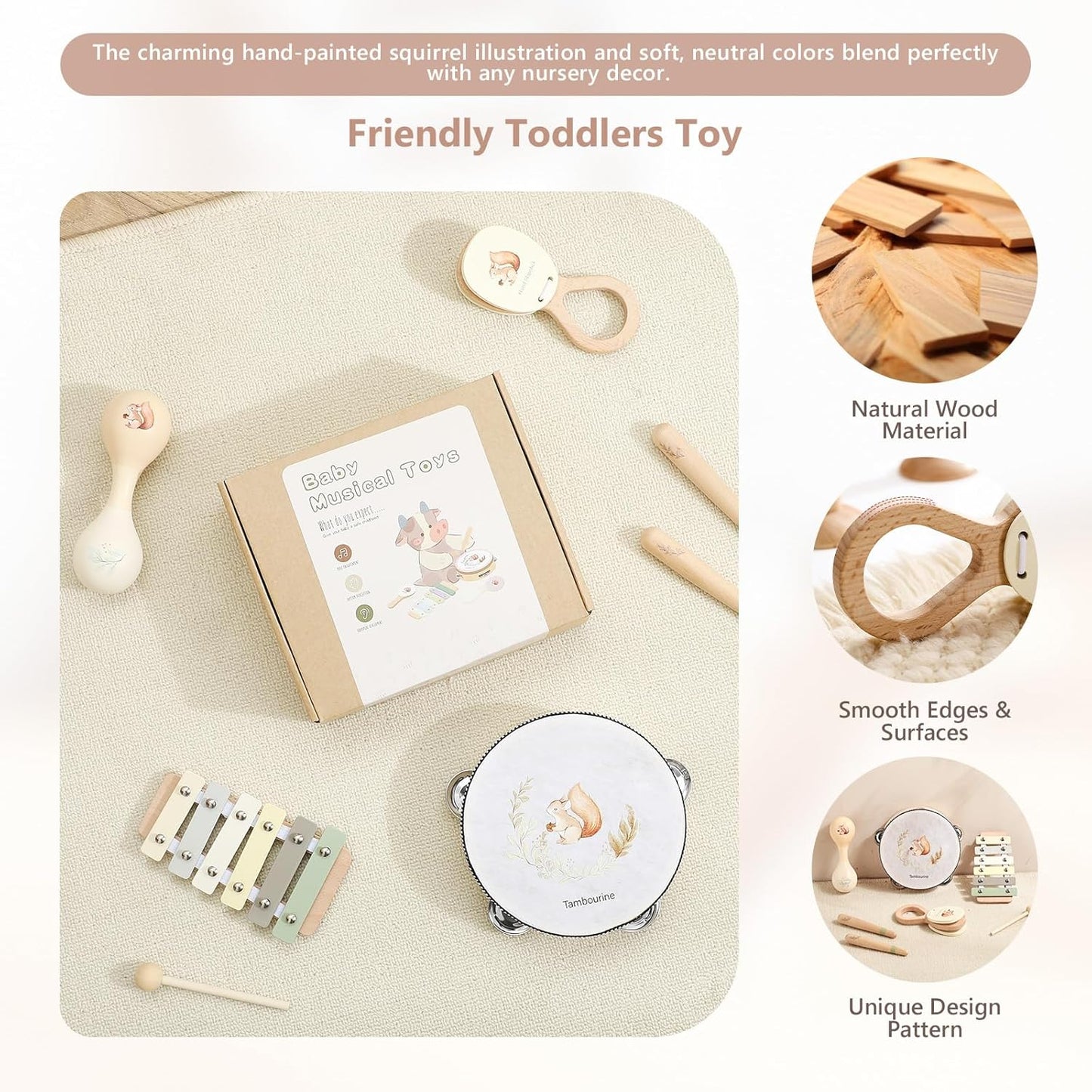 Baby Wooden Montessori Musical Instruments Set for Toddlers - Neutral Colors Percussion Set With Modern Boho Xylophone Tambourine - Educational Toys for Preschool Kids