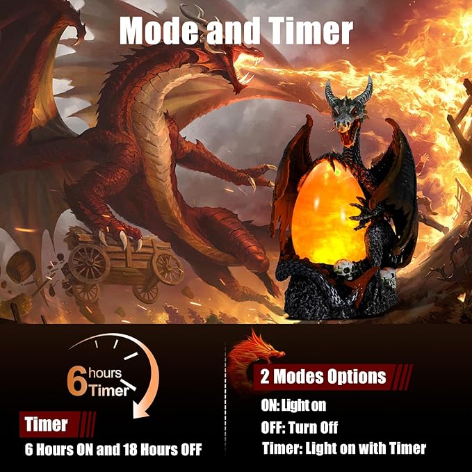 Evil Dragon Snow Globe Statue, Illuminated Water Filled Egg, Rotating Mist Effect, Skull-Embedded Base, Fire Dragon Egg Glow with 6H Timer, Battery Operated, Unique Halloween Snow Globe Holiday Decor