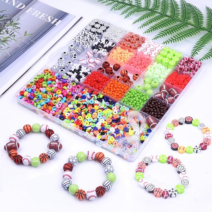 2480pcs Sports Ball Polymer Clay Beads Charms for Friendship Bracelets Making Kit Cute Fun Beads DIY Arts Crafts Birthday Gifts for Kids Girls Baseball Basketball Soccer Rugby Volleyball Football Bead