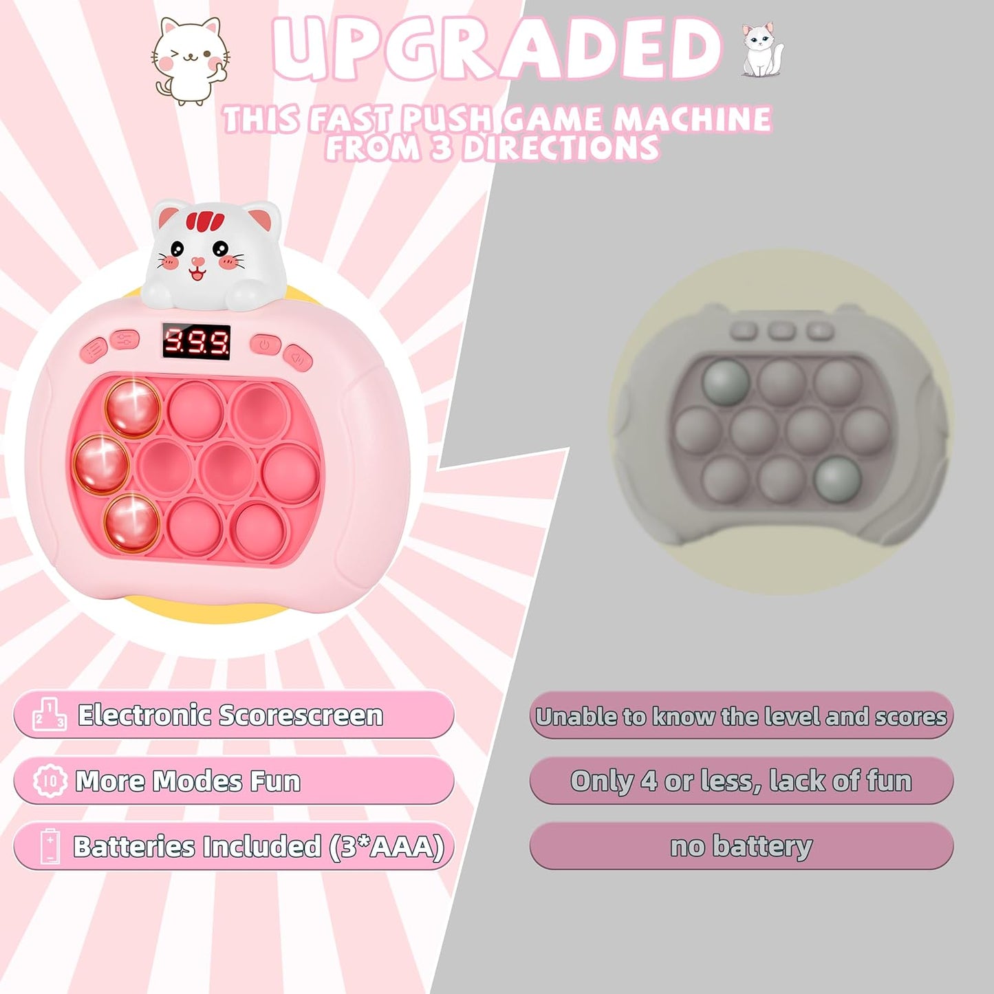 Upgraded Fast Quick Game Pop Bubble Up Toys for Kids, Funny Toys with LED Screen for Kids 3-12 for Girls and Boys Bubble Stress,Handheld Puzzle Game Sensory Toys (Batteries Included) (Kitten)