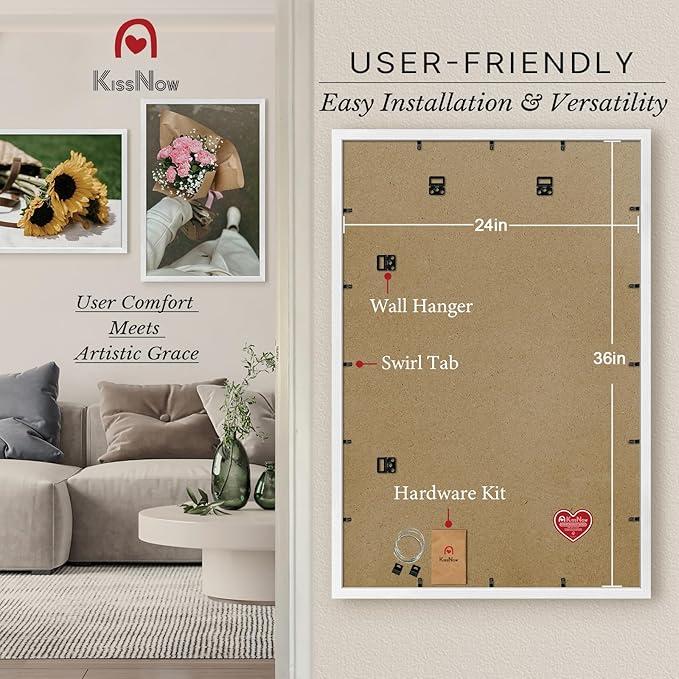 24x36 Poster Frame 2 Pack, Textured White Solid Wood Picture Frame, Wall Hanging