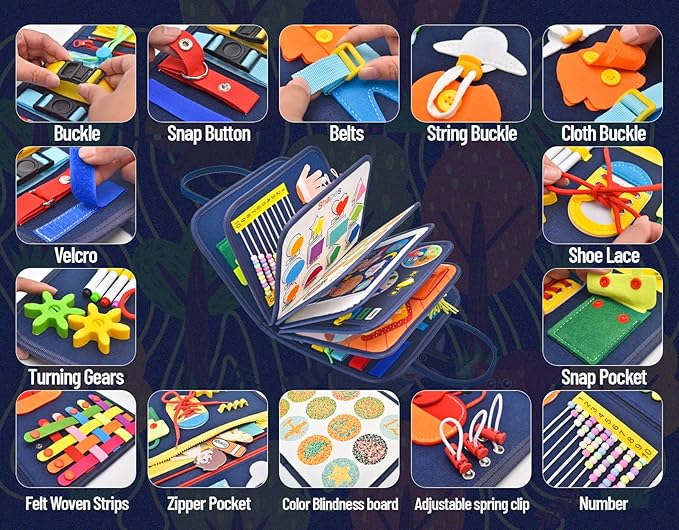 16 Pages Busy Board for Toddlers 1-3,Montessori Travel Toy for Plane/Car,Educational Sensory Toy for Toddlers 2-4,Preschool Activities Board for Developing Fine Motor Skills,Gift for Boys/Girls