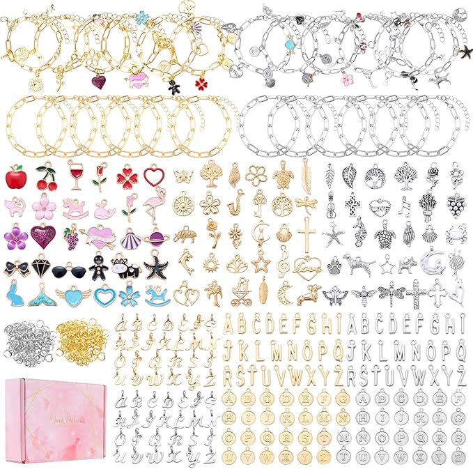 PYURTHITY 458 Pcs Gold Silver Charm Bracelet Making Kit DIY Jewelry Making Kit with Enamel Letter Charms Link Chain Bracelet Pendants and Jump Rings for Christmas Women Adults Art Craft Gift