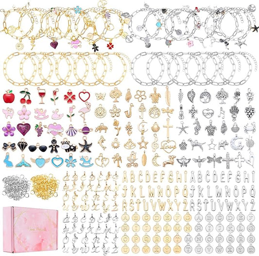 PYURTHITY 458 Pcs Gold Silver Charm Bracelet Making Kit DIY Jewelry Making Kit with Enamel Letter Charms Link Chain Bracelet Pendants and Jump Rings for Christmas Women Adults Art Craft Gift