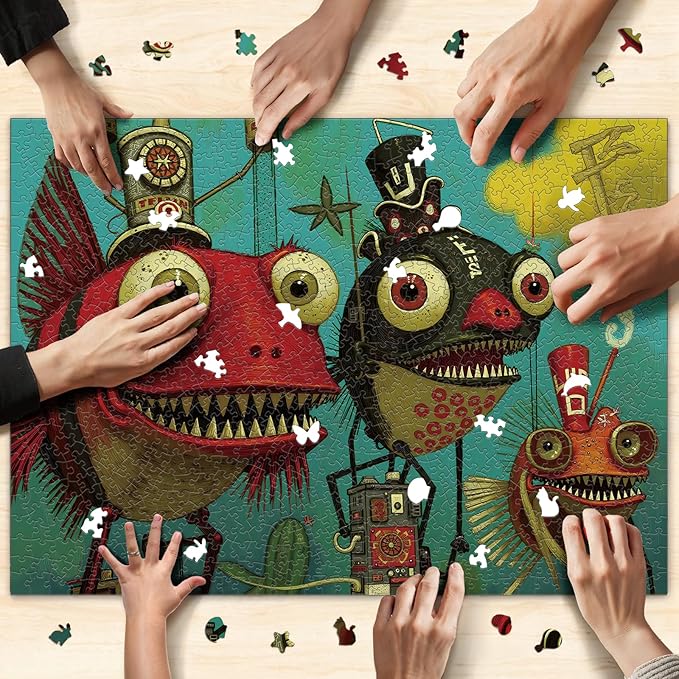 1000 Piece Puzzle for Adults, Quirky Piranha-Inspired Artwork with Unique-Shaped Pieces, Matte Texture, Color-Coded Backing, Challenging Gift for Puzzle Lovers 26.6 x 19.2 in