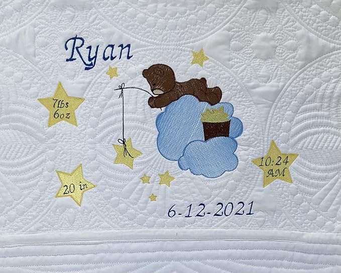 Personalized Baby Blanket Baby Quilt Monogrammed Blankets for Boys and Girls Embroidered Baby Gifts (Teddy Bear Stars)