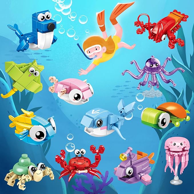 12 Packs 12-in-1 Fun Marine Animals, Including Various Shapes Such as Sharks, Crabs, Octopuses, Turtles, etc. Birthday Party Favors for KidsIdeas for Boys and Girls Ages 6-12.