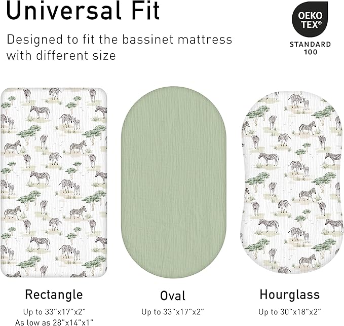 Muslin Bassinet Fitted Sheets, 2 Pack for Baby Boy and Girl, Soft Breathable Baby Pad/Mattress Sheet, Fit for Hourglass Oval and Rectangle Bassinet Mattress (Cute Zebra, Bassinet Sheets 2 Pack)