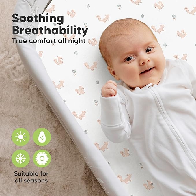 2-Pack Organic Bassinet Sheets for Girls, Boys - 100% Cotton Bassinet Mattress Sheets Compatible with Halo Bassinest Swivel Sleeper, Graco, Baby Delight, Chicco, Fitted Bassinet Sheets (Nibble/Bruce)