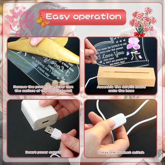 Carnation Heart Shape 3D Crystal Acrylic Light Base with Wood Stand, LED Light for Kids Room Decor, Gift for Mom on Birthday or Holiday, Home Décor Art Display