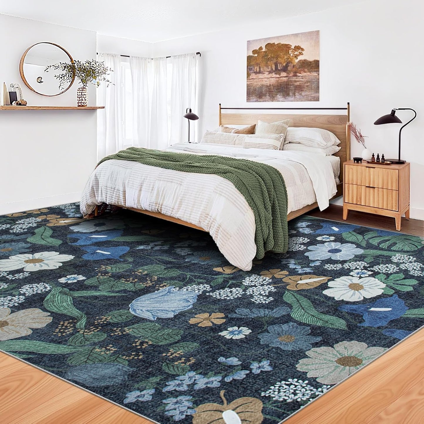 9x12 Area Rug for Living Room: Vintage Floral Washable Rug Soft Boho Non Slip Carpet Large Indoor Floor Non Shedding Low Pile Thin Carpets for Bedroom Dining Room Farmhouse Nursery Home Office Blue