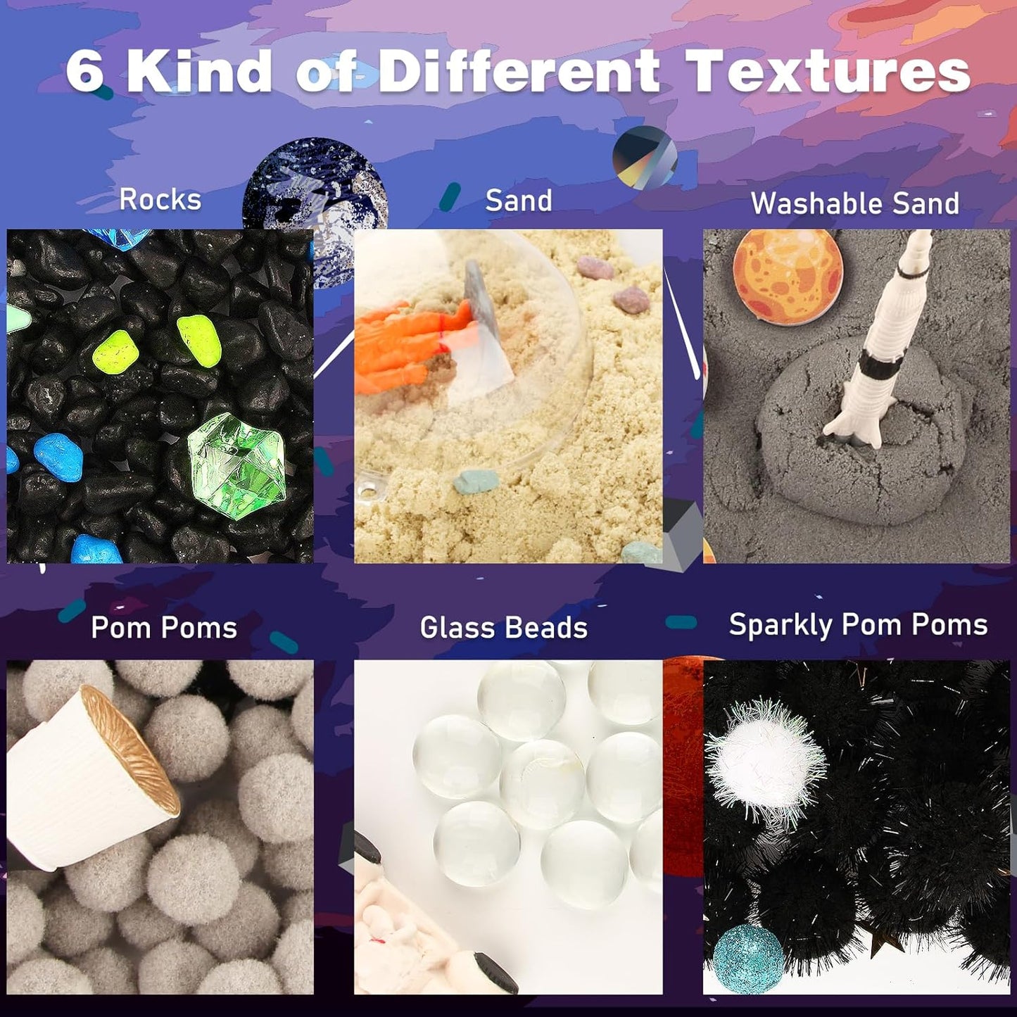 Space Themed Toys Sensory Bin Filler,Planet Toys for Kids, Universe Solar System Toys for Autistic Children, Space Astronauts Sensory Toys for Toddlers with 9 Planets, Sand, 3 Tools and More