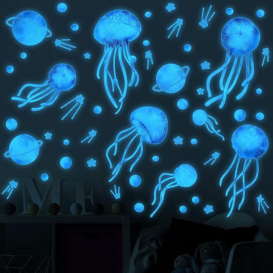 4 Sheets Starry Sky Jellyfish Wall Sticker Glow in The Dark Wall Stickers Planet Blue Luminous Wall Decals DIY Peel Stick Art Decor for Walls Ceiling Kids Bedroom Living Room Nursery Girls and Boys (Blue)