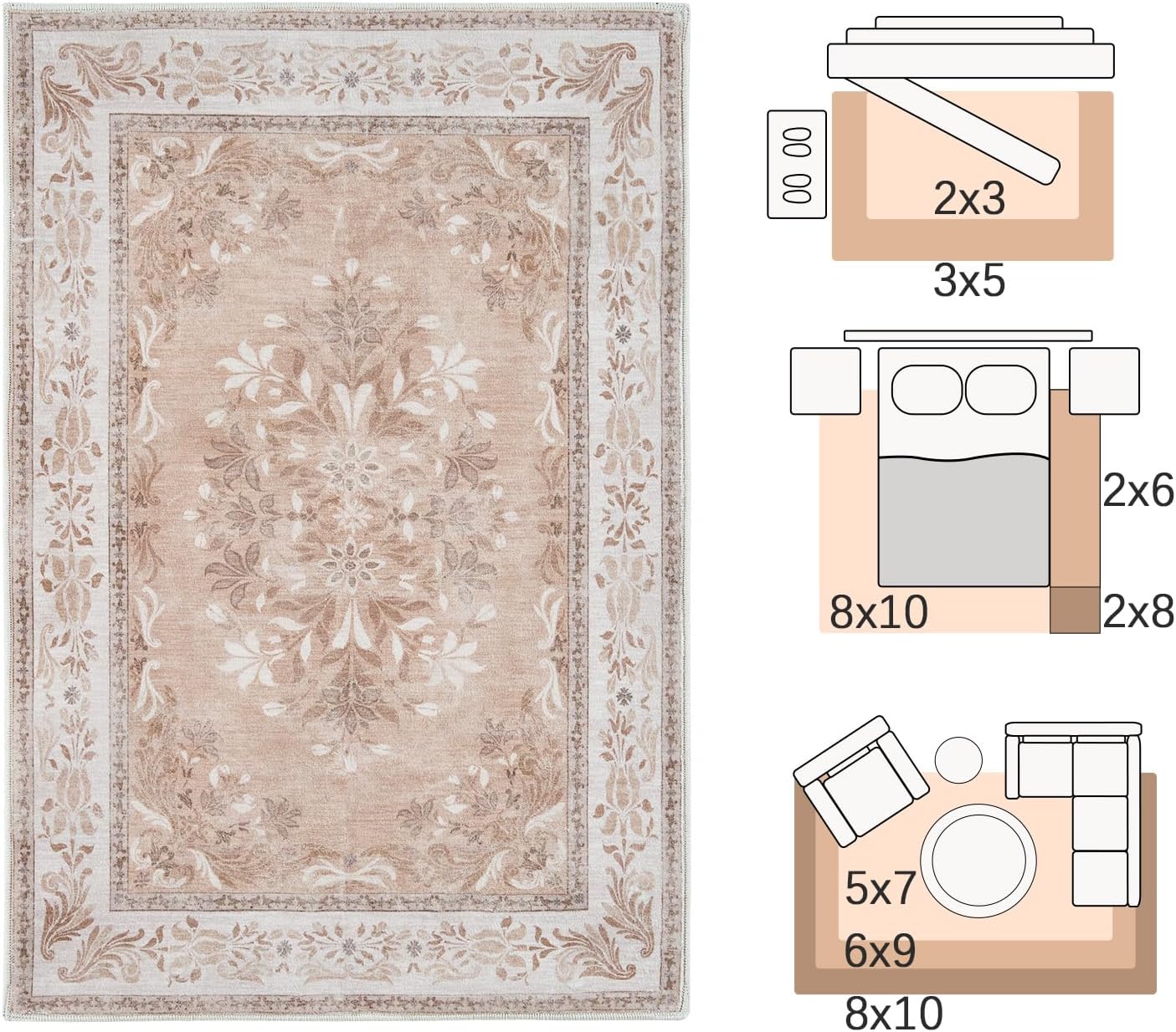 jinchan Vintage Floral 4x6 Area Rugs - Machine Washable Distressed Design Soft Ultra-Thin Low-Pile Non-Slip Carpet for Entryway Kitchen Bedroom Nursery Living Room Dining Room (4x6ft,Coral Pink)