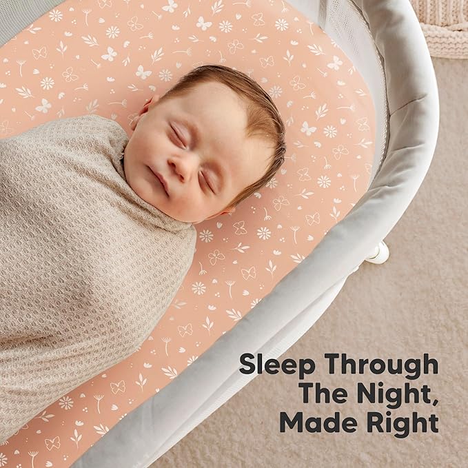 2-Pack Organic Bassinet Sheets for Girls, Boys - 100% Cotton Bassinet Mattress Sheets Compatible with Halo Bassinest Swivel Sleeper, Graco, Baby Delight, Chicco, Fitted Bassinet Sheets (Butterflies)