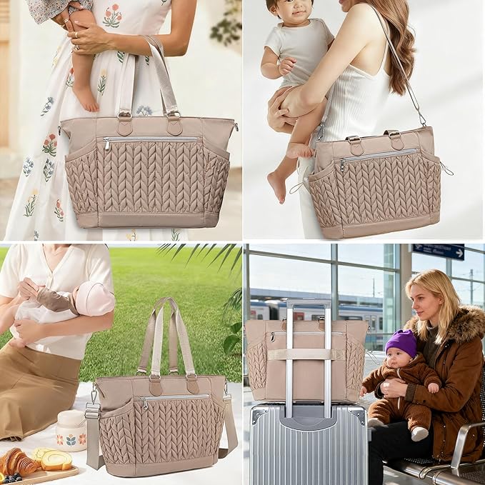 Diaper Bag Tote, Large Tote Baby Diaper Bag with 15.6" Laptop Compartment and Insulated Pockets, Crossbody Hospital Bags
