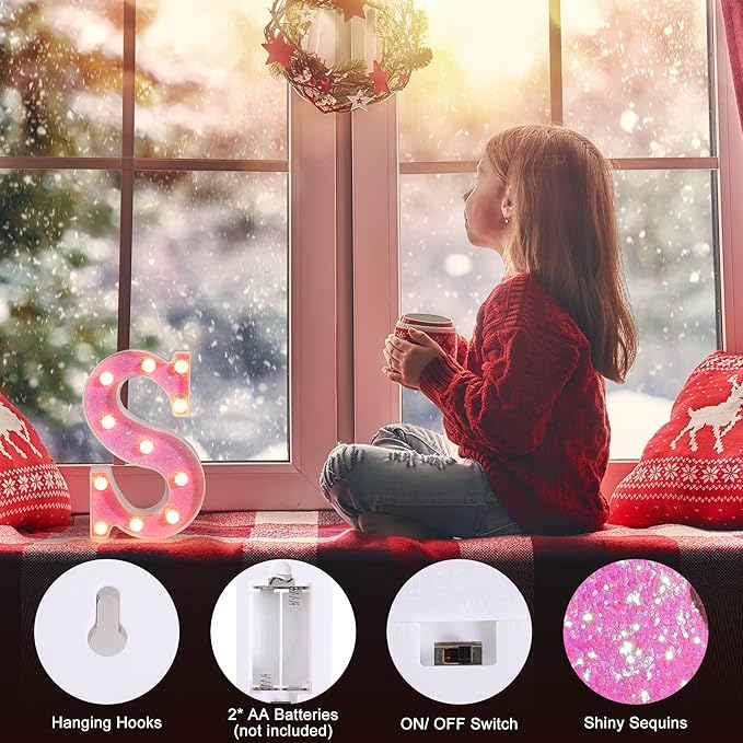 Foaky Pink Light up Letters，Pink Party Decorations,Girls Room Decor,Glitter Light Up Letters,Alphabet Letter Sign for Night Light Birthday Party Girls Gifts, Home Bar Decoration（W）