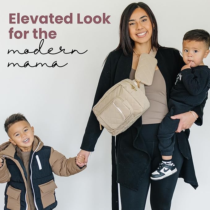 Lion & Light® Small Diaper Bag - Mini Diaper Bag with Portable Changing Pad, Fanny Pack Crossbody Bags for Baby & Toddler, Beige Travel-Friendly Baby Tote with Adjustable Strap & Zippered Pockets