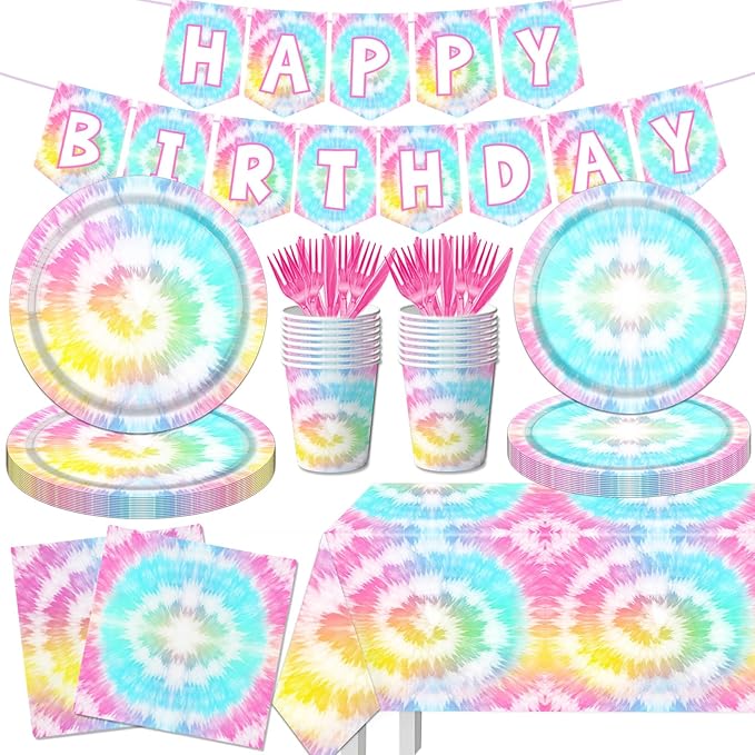 142Pcs Tie Dye Birthday Party Decorations,Colorful Birthday Party Supplies Tableware Includes Tie Dye Plates and Napkins,Cups,Tablecloth,Happy birthday Banner, Serve 20