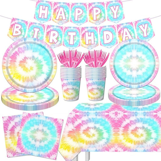 142Pcs Tie Dye Birthday Party Decorations,Colorful Birthday Party Supplies Tableware Includes Tie Dye Plates and Napkins,Cups,Tablecloth,Happy birthday Banner, Serve 20