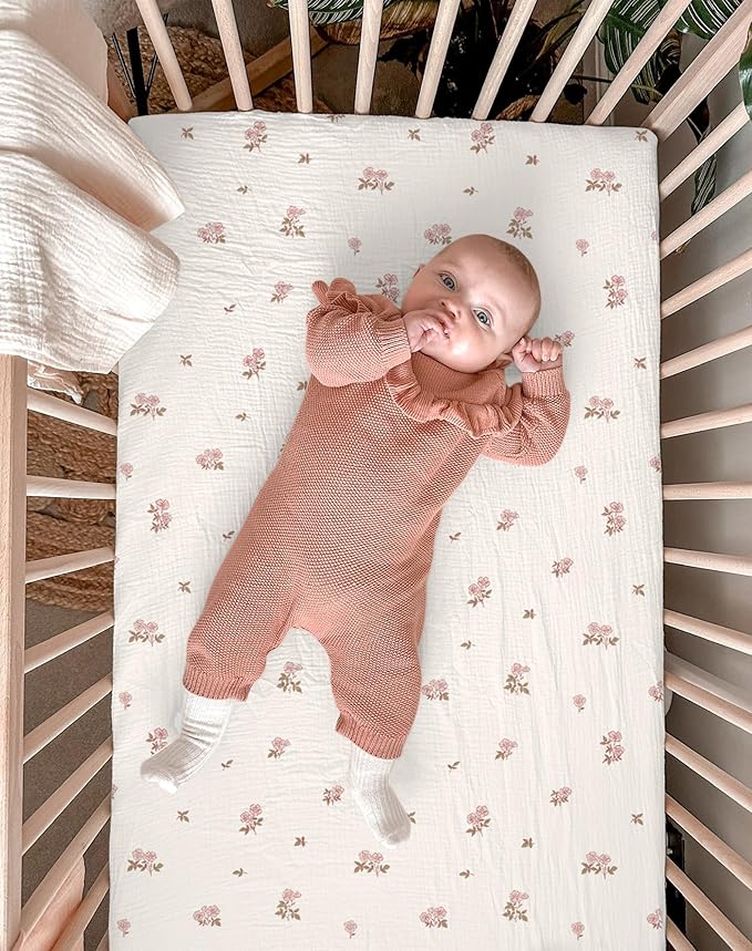Crib Sheets for Baby Boy Girl 2 Pack, Fitted Crib Mattress Sheet 28" x 52", Muslin Toddler Bedding with Neutral Style, Nursery Bedding Essentials (Vintage Blossom & Pink)