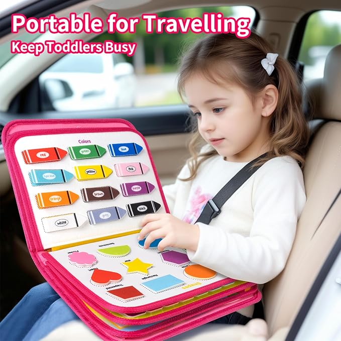 12-Page Toddler Busy Board Montessori Toys, Busy Book for Toddlers, Girl Birthday Gift,Toddler, 24 in 1 Activity Sensory Toys for Motor Skills, Travel Toy for Car Airplane (Pink)