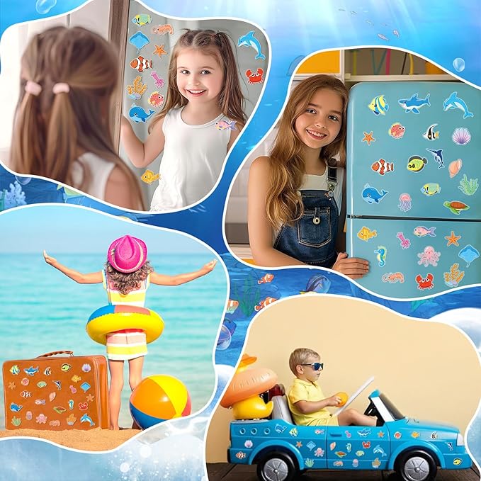 MARFOREVER 50 PCS Sea Animal Window Clings, Ocean Thick Gel Clings Stickers Removable Reusable Jelly Stickers Underwater Fish Shark Turtles Decals for Classroom Nursery Airplane Car Plane Decorations