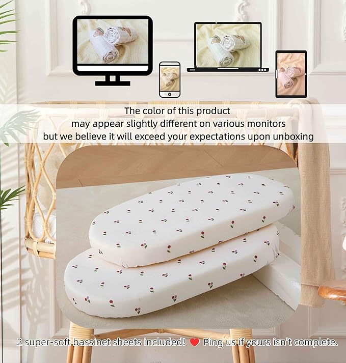 SDY Cherry Bassinet Sheets,2pk Czoy Bassinet Fitted Sheets for Baby Boys Girls,Soft Breathable Stretchy Baby Sheet Set 32 * 16 * 4 inches for Hourglass Oval and Rectangle Mattress (Cute Cherry)