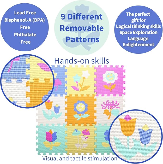 Coolcandy Baby Play Mat Without Fence, 9Pcs Interlocking Puzzle Floor Mat, 0.4" Thick Non-Toxic EVA Foam Play Mat, for Infants & Toddlers 3-36 Months, Soft Puzzle Tiles for Play Areas