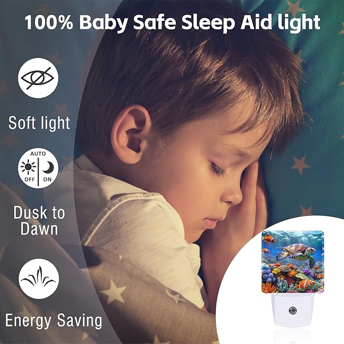 Giant Turtle in Coral Reefs Night Light, Underwater World Marine Fish Corals Dusk to Dawn Night Light Plug in, 0.5w Energy Saving Sleep Friendly NightLight for Kids Boys Girls Home Decor